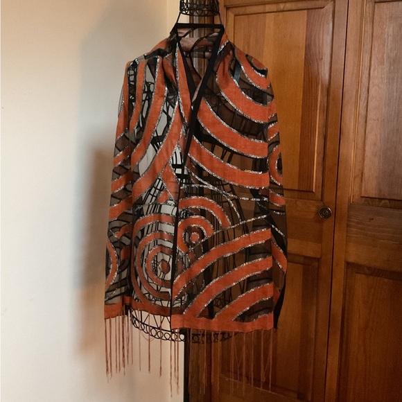 Vintage Orange and Black Spiral Metallic Accent Scarf 60”x18” - Picture 2 of 3